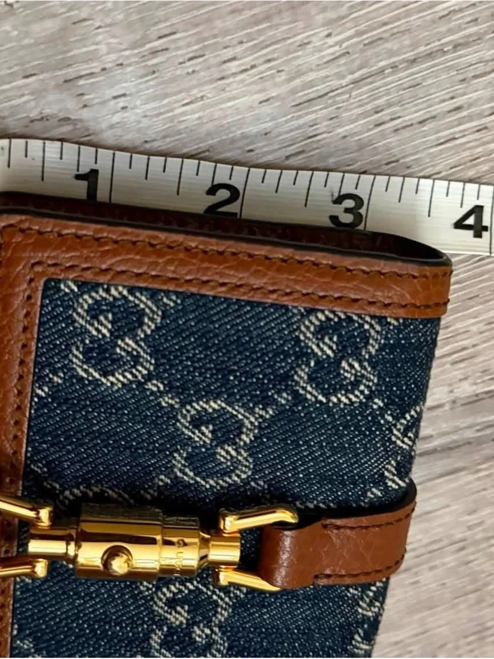 Gucci Blue GG Denim Wallet with Brown Leather Trim and Brass Horsebit
